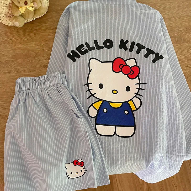 Sanrio Hello Kittys Summer Pajamas Cute Cartoon Printed stripe Loose Retro Casual Home Shorts Beach Kawaii Y2k Anime Suit Gifts