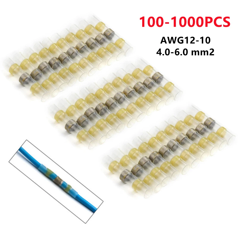 100-1000PCS Yellow Heat Shrinkable Tube Waterproof Solder Ring Wire Connectors AWG12-10 Butt Bushing Electrical Splice Terminal