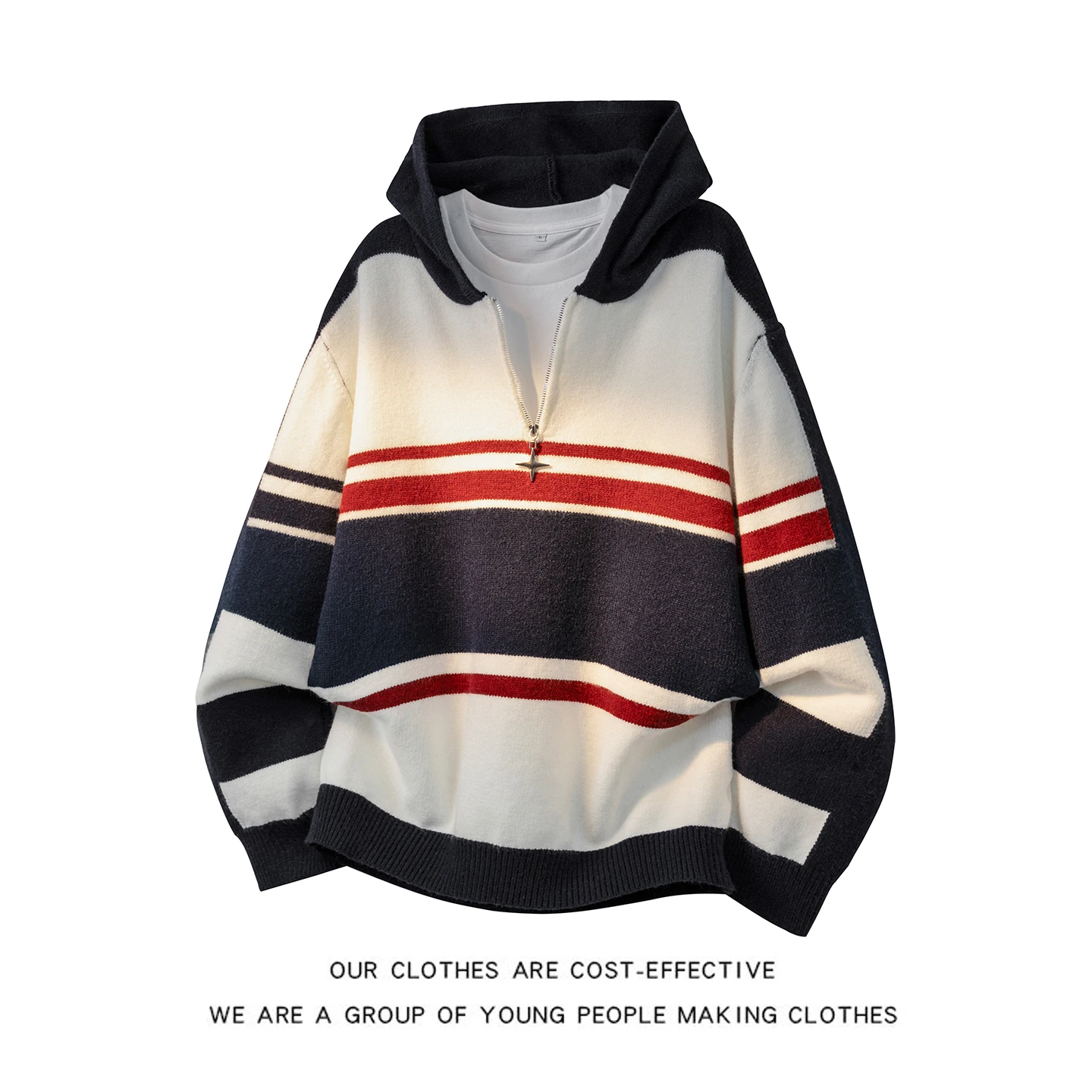 

Мужской вязаный свитер-худи на молнии в полоску с цветными блоками, осенне-зимний, в университетском стиле, очень стильный