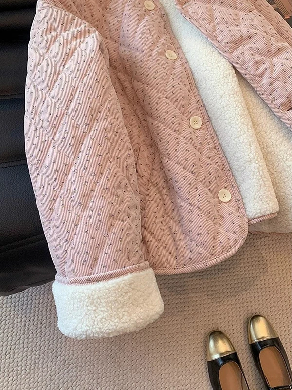 Loose Fit Floral Print Cotton Jacket round Neck Korean Style Women's Autumn Winter Warmth Youthful Outerwear Coat