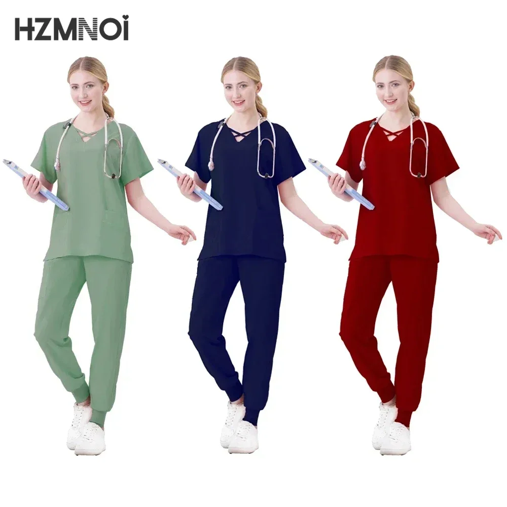 Nuevo conjunto de uniformes médicos, Tops elásticos con pantalones de bolsillo, uniforme de enfermera, monos de cirugía para médico, ropa de trabajo para salón de belleza