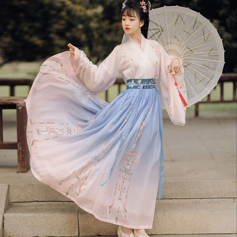 Chinese Style Hanfu Dress Women Traditional Elegant Floral Embroidery Princess Dresses Oriental Fairy Cosplay Stage Dance Robe