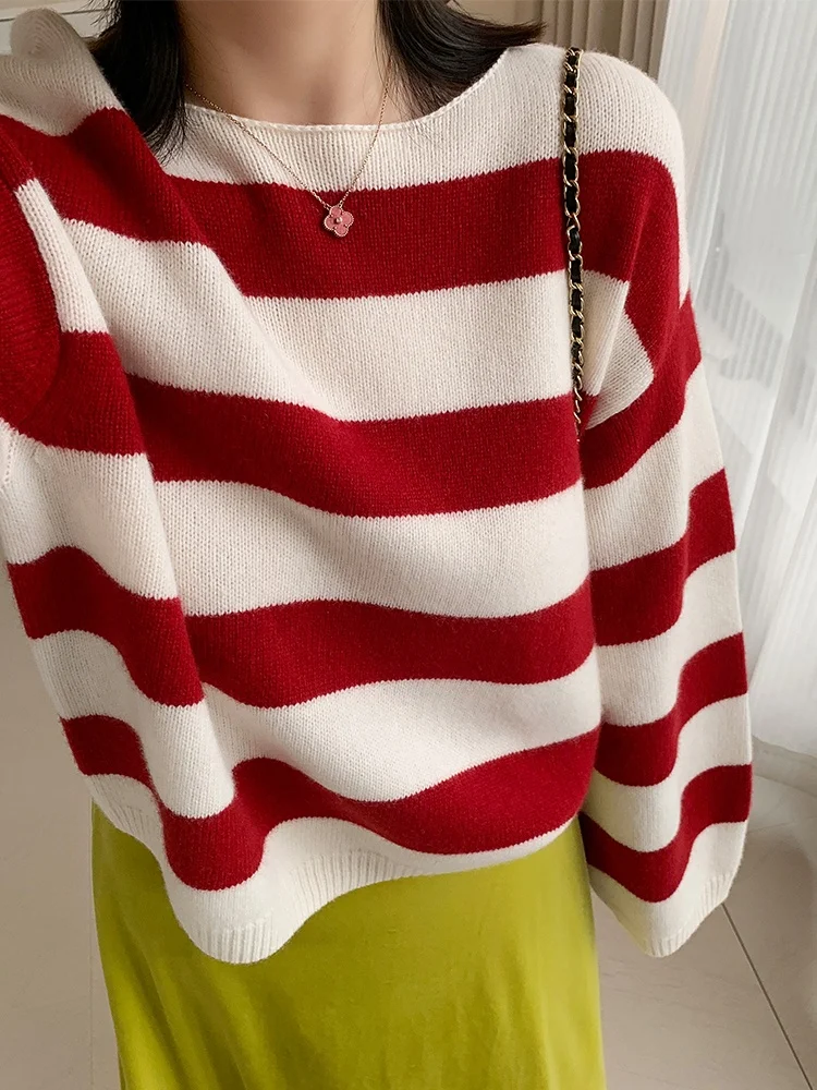 

Женский вязаный свитер из 100% шерсти в полоску, свободный крой, с воротником-стойкой, на одно плечо, в полоску, для повседневной носки