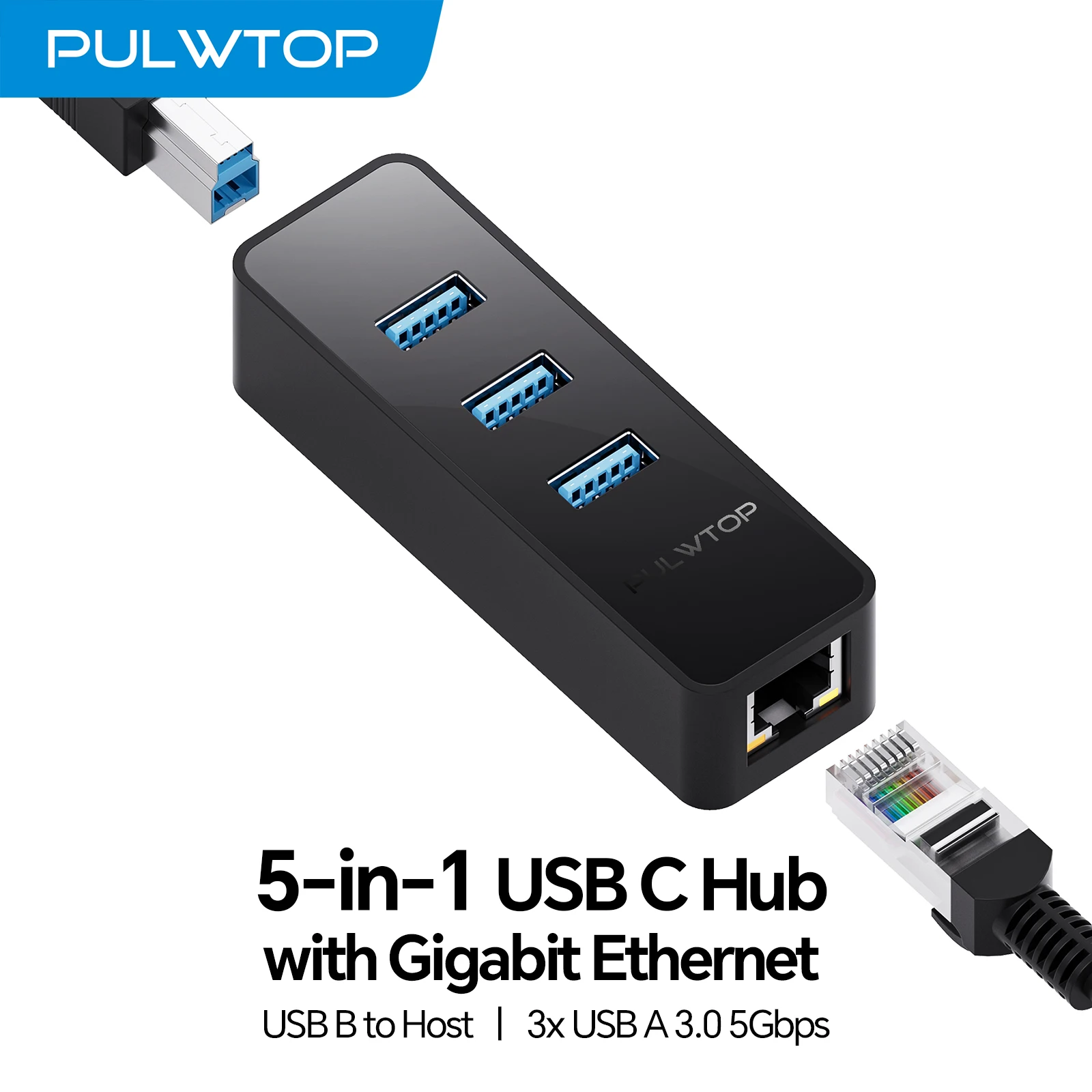 PULWTOP USB Hub  with 3 * USB-A 3.2 Gen1, Ethernet for Windows, Macbook, iMac and more