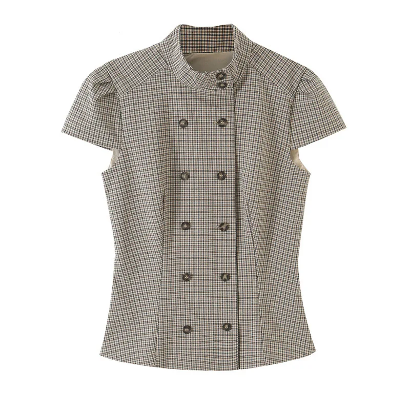 NINE ZAR Women's Fashion Set Stripe Pattern Stand Collar Double Button Vest Capri Pants Short Sleeve Long Pants Four Seasons