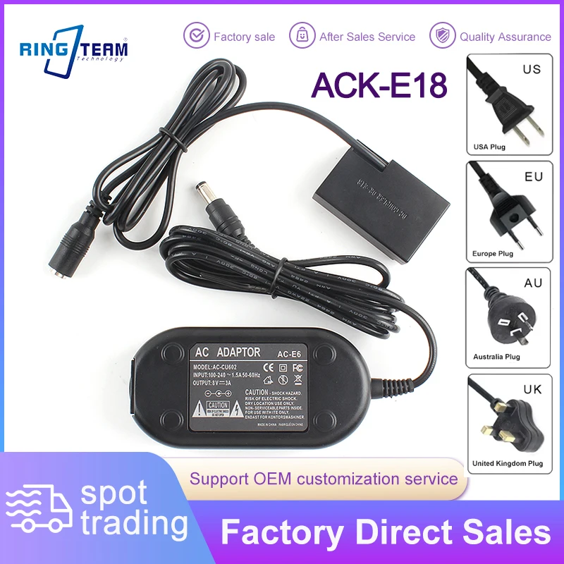 Kit de Adaptador de Corriente Alterna ACK-E18 con Batería Ficticia DR-E18, Fuente de Alimentación Continua de Corriente Continua para Cámaras Digitales Canon EOS R50 R10 R8 RP