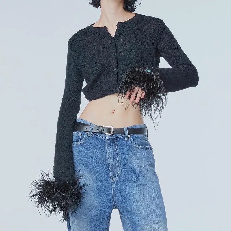 Autumn Retro Splice Feather Cuff Knitted Short Cardigan Woman Single-breasted Buttons Full Sleeve Sweater Knitwear Jumper