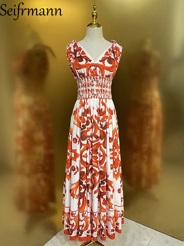 Seifrmann Lässiges, bedrucktes, rückenfreies Baumwollkleid mit V-Ausschnitt, ärmelloses Taillenkleid, 2026 Sommer-Damenkleid im neuen Stil