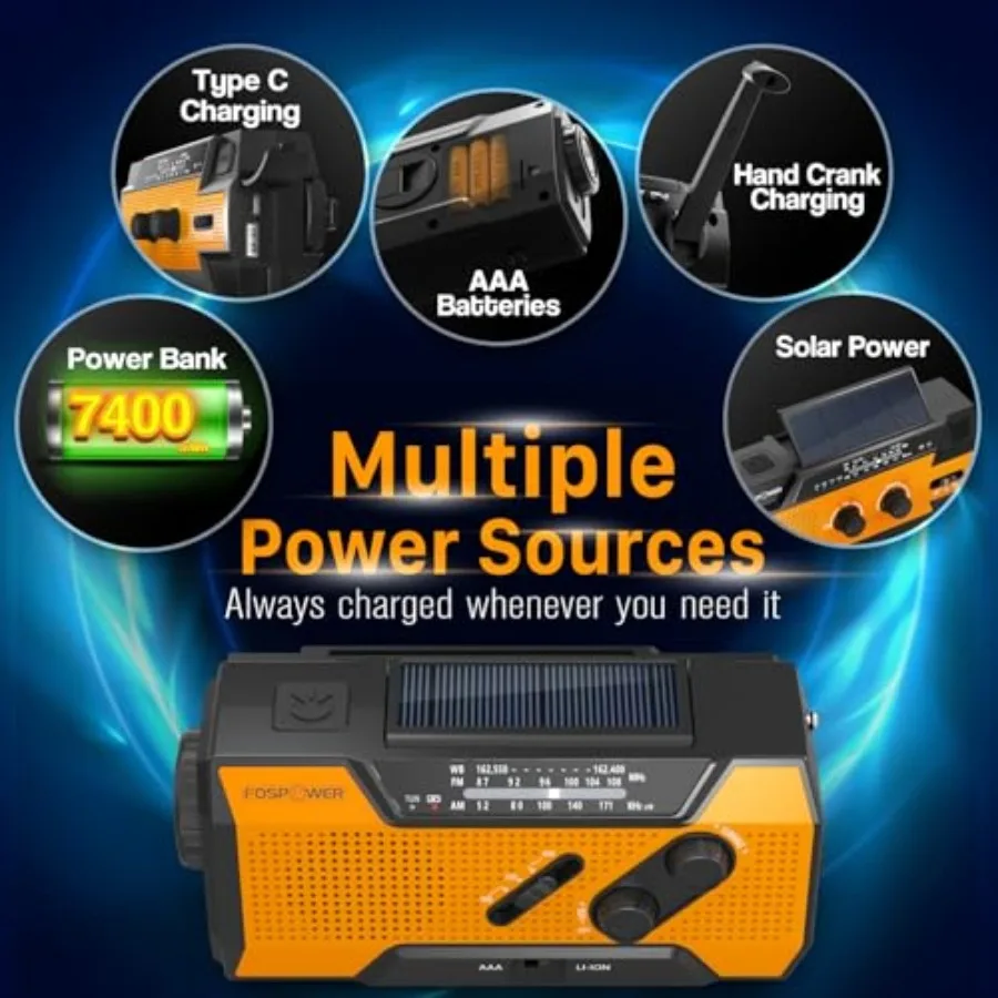 NOAA Emergency Weather Radio A1 7400mWh Portable Power Bank, AM/FM, USB/Solar/Hand Crank Charging, Battery Operated, SOS Alarm