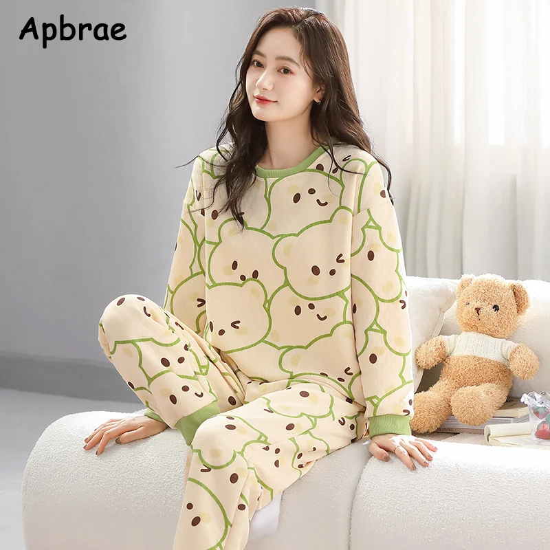 Women Thick Pajamas Long Sleeves O-neck Pijamas Fashion Ladies Loungewear Big Size L-4XL Warm Interlayer Cotton Sleepwear