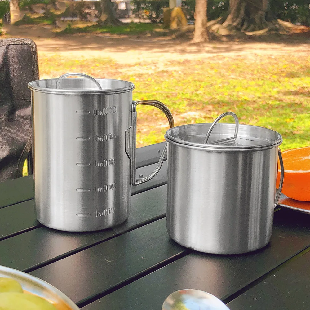 

tainless Steel Camping Cup 260/350/500ml Portable Carabiner Cups Outdoor Water Cup Mug With Foldable Handle Kitchen Drinkware