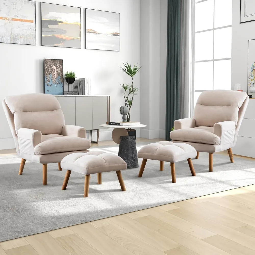 

Modern Accent Chair with Ottoman Set of 2, Soft Fabric Armchair with Adjustable Backrest and Side Pockets,Living Room Chairs