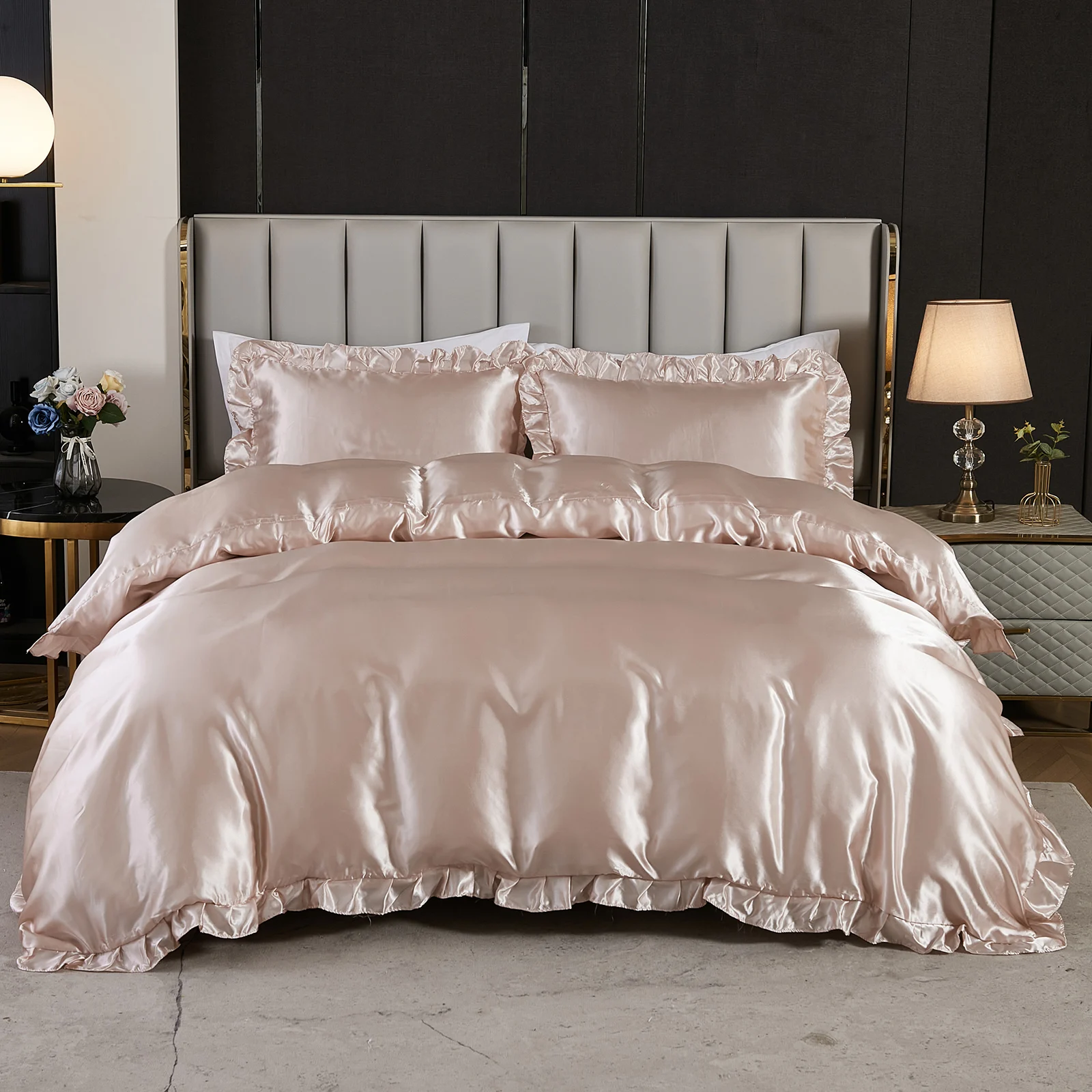 Luxury Pink Satin Bedding Set Cute Ruffled Duvet Cover Set Soft Microfiber Reversible Pink Quilt Cover Set for Girls Room Hotel