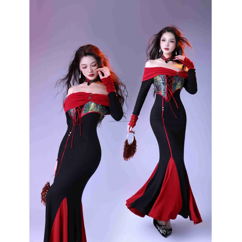 

Homemade The Legend Of Sicily Off-shoulder Strap Knitted Fishtail Red Autumn-winter New Chinese-style Dress