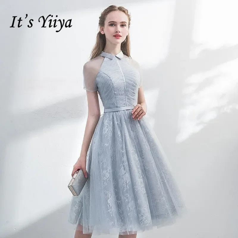 It\'s YiiYa Customization Cocktail Gown Gray Short Sleeve Embroidery A-line Knee Length Zipper Plus size Women Party Formal Dress