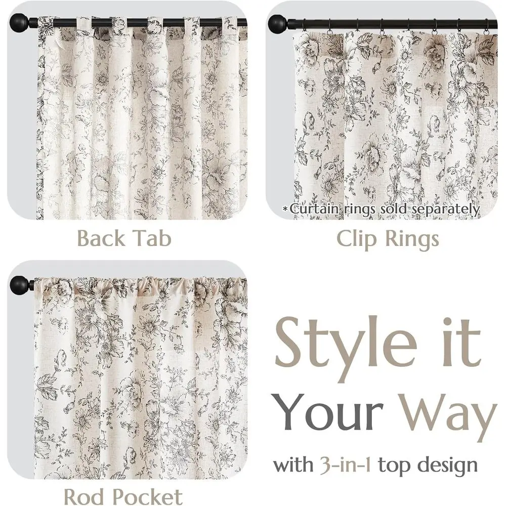 ستائر مزيج الكتان من الفاوانيا باللون الأسود، بطول 96، مجموعة من لوحتين لغرفة المعيشة وغرفة النوم في المزرعة