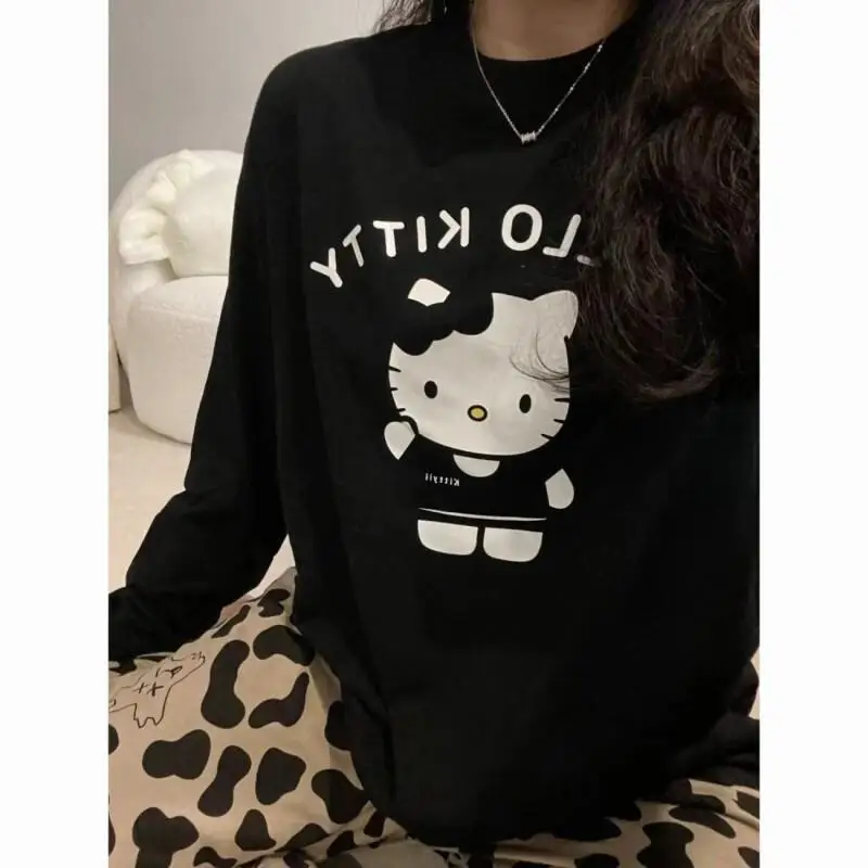 

Женская футболка Sanrio Hello Kitty, футболка с длинными рукавами, повседневная одежда из чистого хлопка, черная, с милым мультяшным принтом, в стиле Instagram
