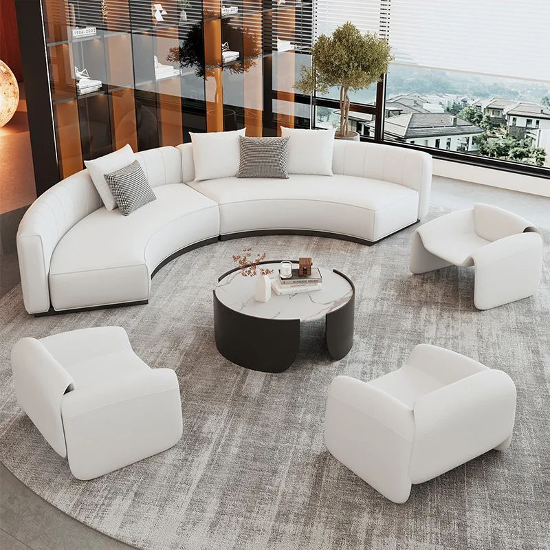 

Modern Lobby Sectional Sofa Set Soft Comfy Leather Curved Modular Couch Sofa Nordic Living Room Hotel Furniture White Round