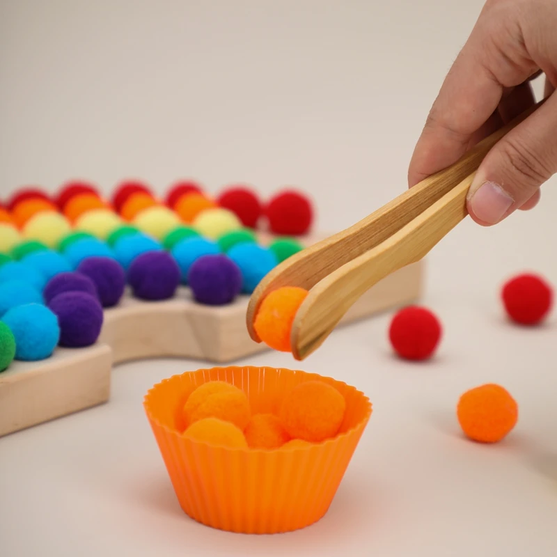 Children Fine Motor Skills Learning Counting Rainbow Pompoms Sorting Games Montessori Early Education Toy with Tweezers For Kids