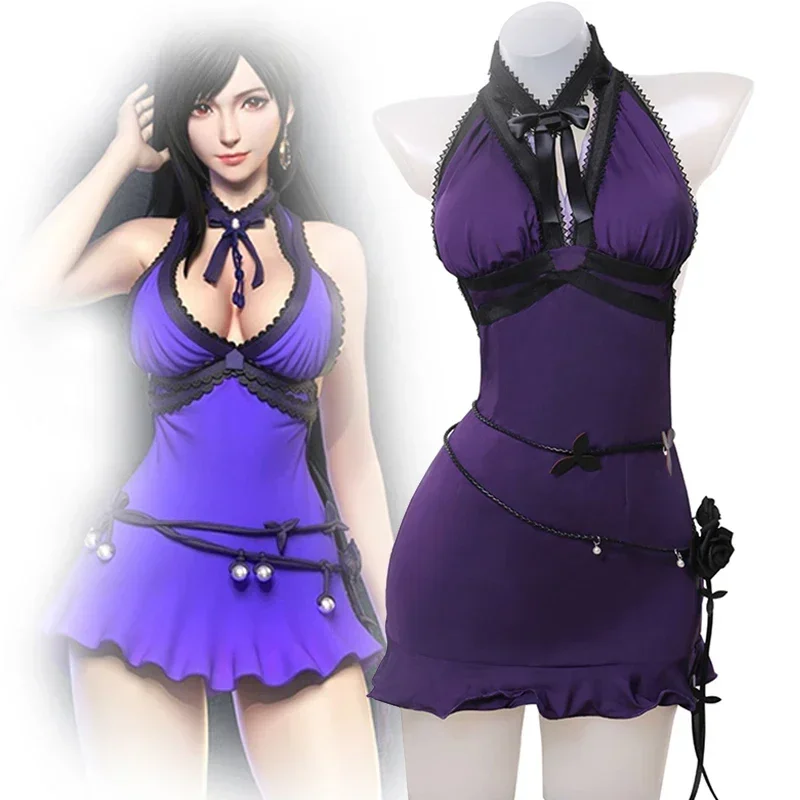 

Game Final Fantasy VII Remake Tifa Lockhart Cosplay Dress Suits Adult Women Sexy Purple Backless Evening Dress Halloween Party