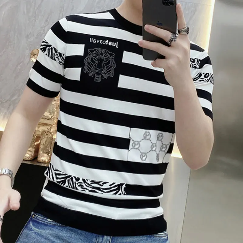 2023 Summer New European Tiger Head Print Round Neck Ice Silk Knitted Short Sleeve European Station Men\'s Casual Stripe Top