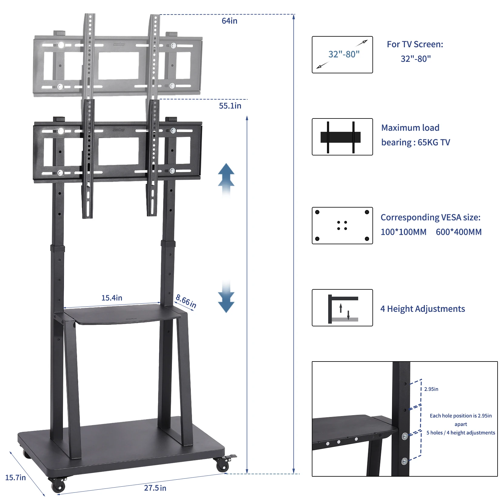 Large Floor TV Stand with 2 Shelves Height Adjustable Mobile TV Mount Bracket for 32-85 inch LCD LED