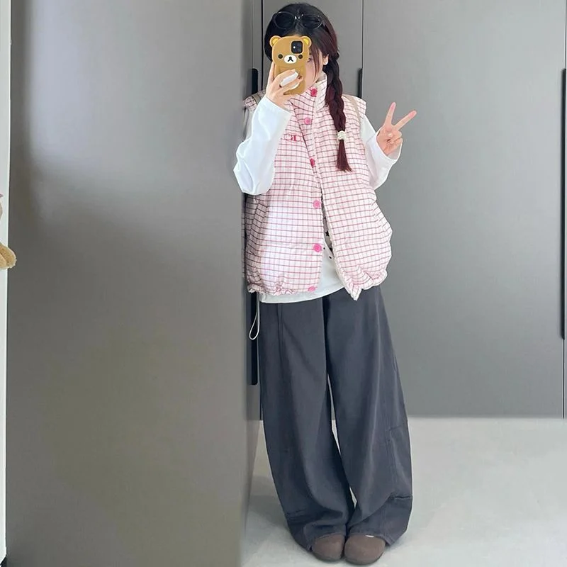 

Осенне-зимний двусторонний хлопковый жилет в клетку для женщин, студенческий, милый, с принтом, с надписью, из овечьего вельвета, для повседневной носки