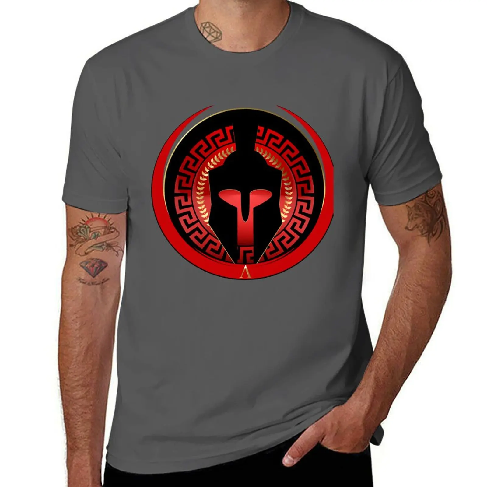 

Spartan Helmet Outline Black Gold Red Gold T-Shirt t shirts for man graphic vintage t shirt man plain T-Shirt