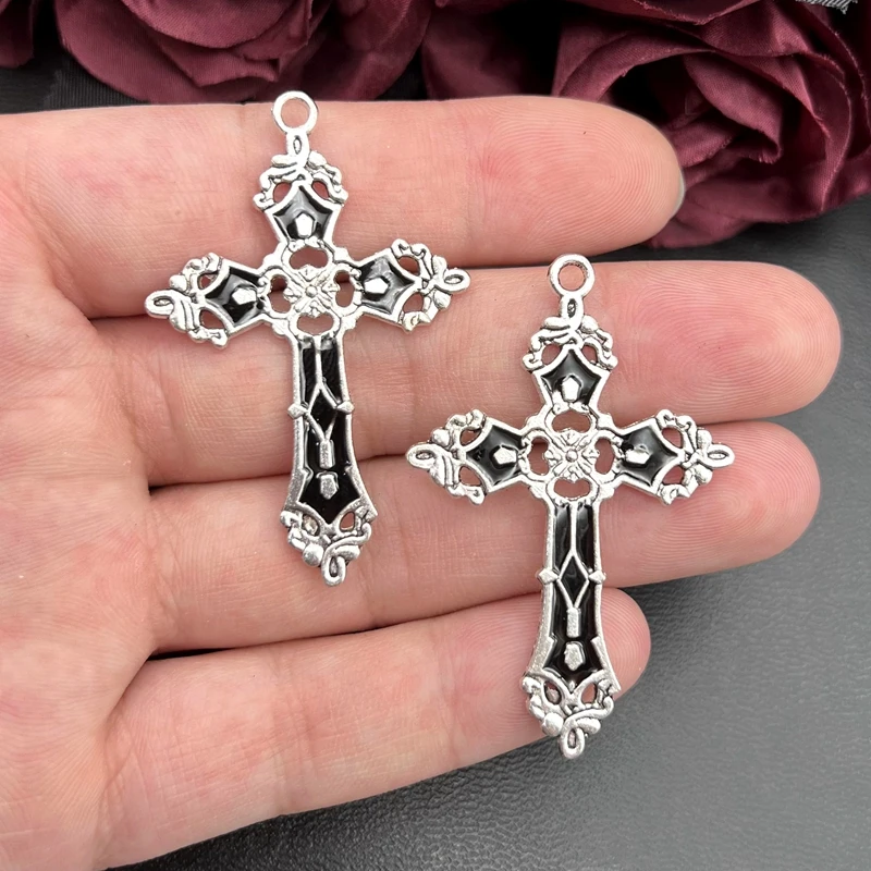 5pcs 55x35mm Gothic Cross Silver Dripping Oil Alloy Tibetan Pendants Earring Antique Jewelry Making DIY Handmade Accessories