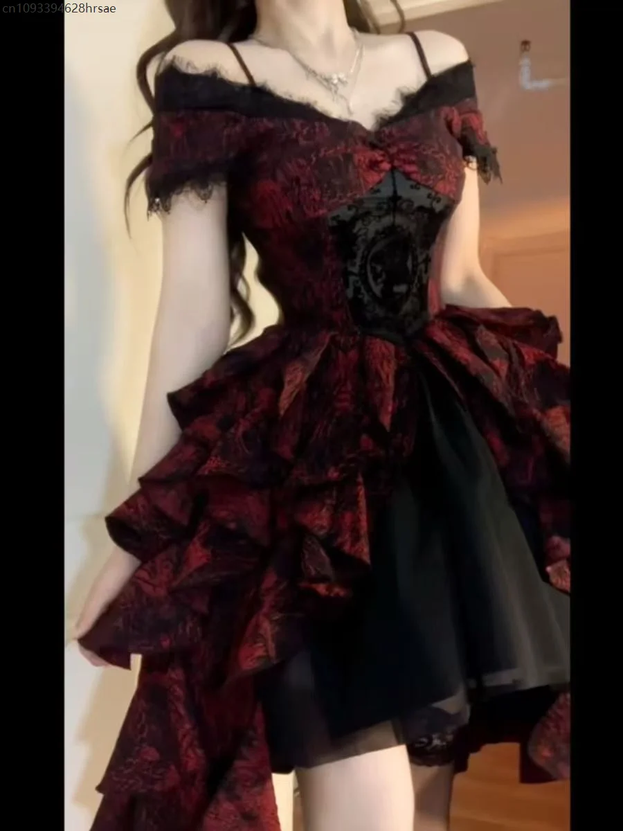 Spring Summer New Heavy Light Luxury Off-shoulder Cosplay Fluffy Princess Dress Gothic Lolita Black and Red Jacquard Wave Dress