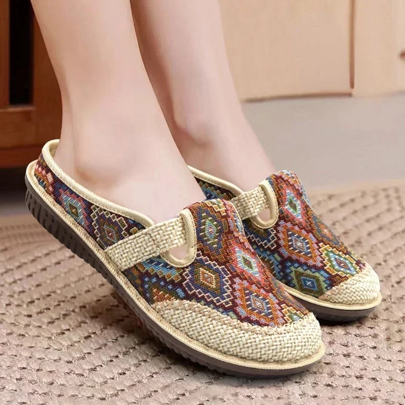 2024 Fashion Women\'s Shoes Ethnic Style Embroidered Linen Breathable Outdoor Casual Slippers Shoes for Women Zapatos De Mujer