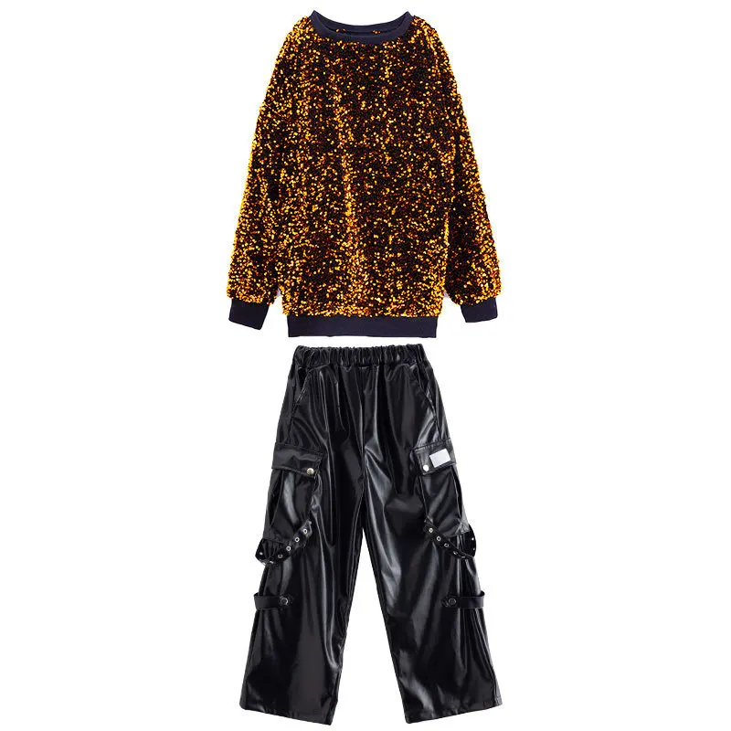 Kid Cool Hip Hop Clothing Gold Sequined Sweatshirt Faux Leather Casual Strap Cargo Pants for Girl Boy Jazz Dance Costume Clothes