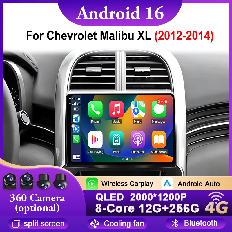 Radio Multimedia para Auto con Android 16 para Chevrolet Malibu XL 2012-2014, Reproductor de Video, GPS, Navegación, Carplay, Pantalla Táctil, WIFI, BT