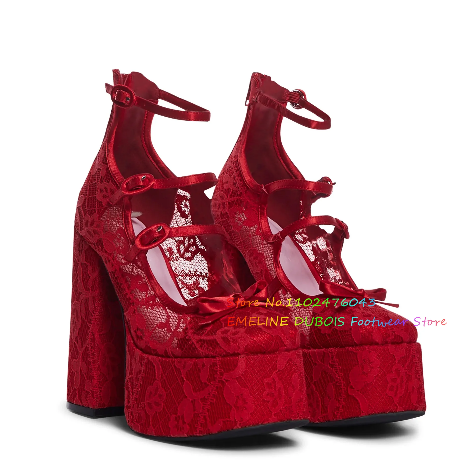 Red Mesh Lace Flower Sandals Women Round Toe Platform Buckle Strap Hollow Chunky Heels Bowknot Elegant Party Dress Shoes