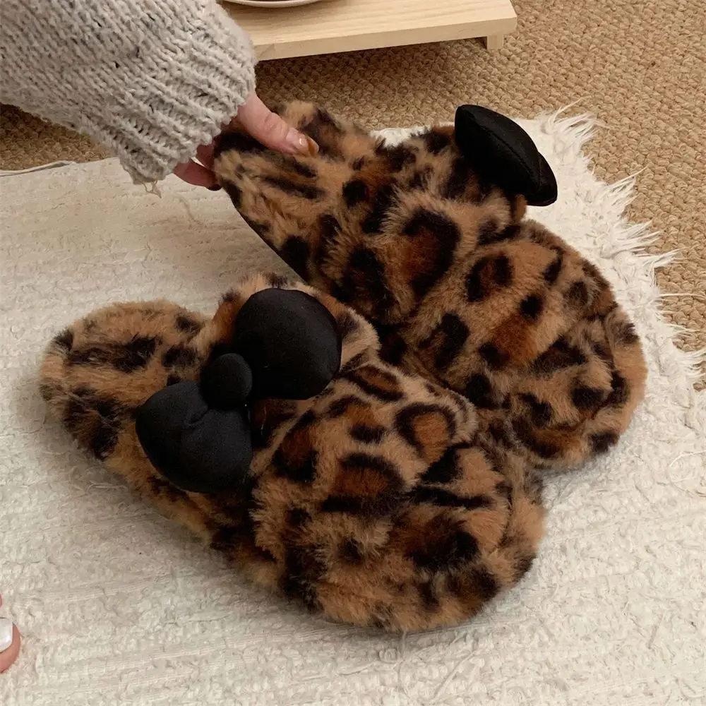 Anti-slip Autumn Winter Home Furry Slippers Women's High-end Leopard Print Bow Tie Outdoor Two-word Cotton Slippers