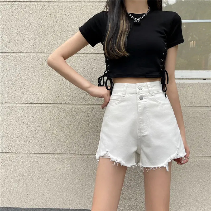 

High-waistedAWomen's summer denim shorts2021New Korean-style slim-fit loose ripped wide-leg super hot pants