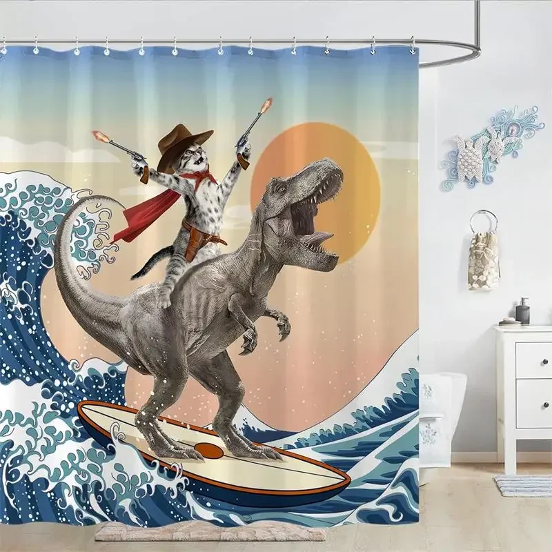 Funny Cat Riding Dinosaur Shower Curtain Cute Animal Surfboard Sea Waves Japanese Landscape Kids Bath Curtains Bathroom Decor