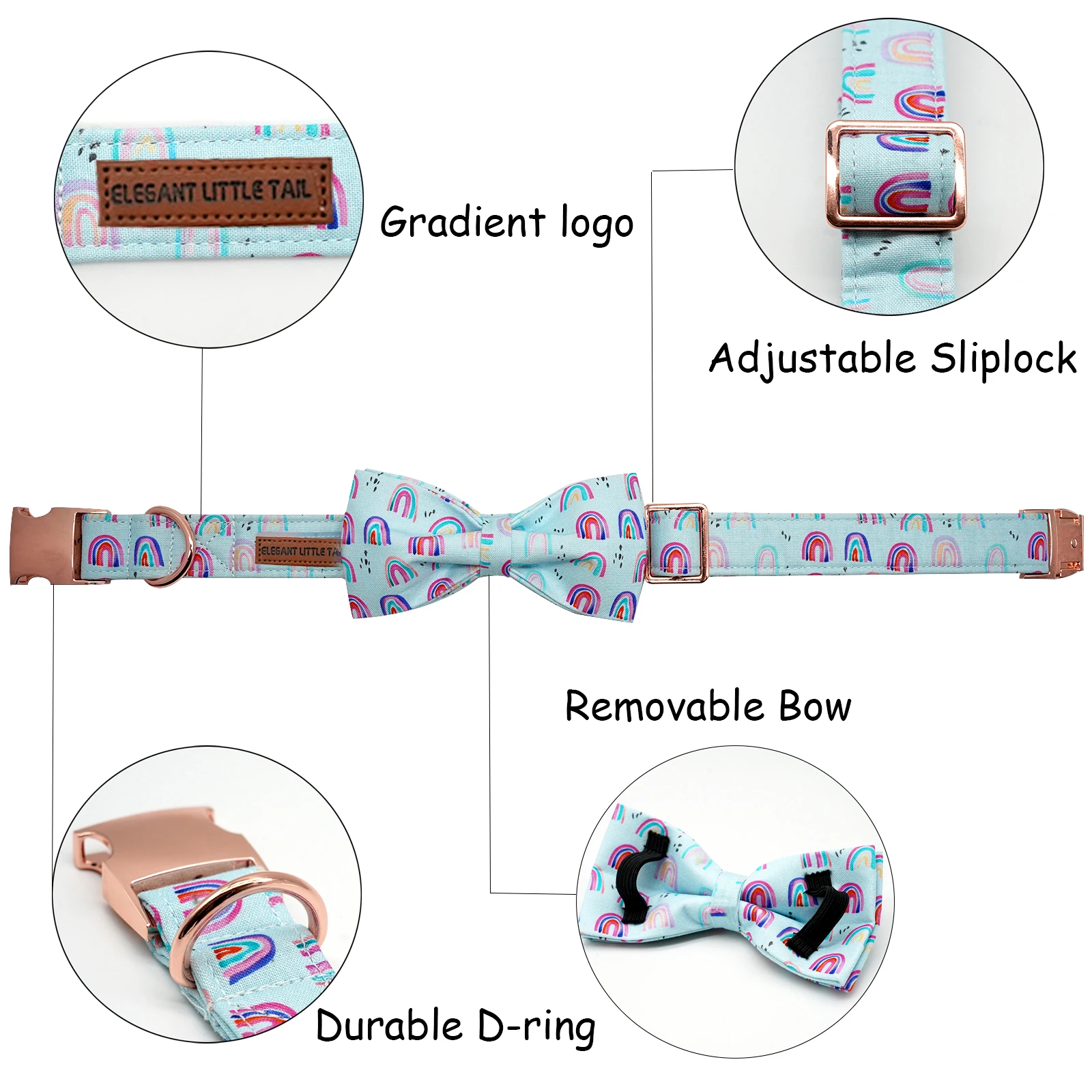 Elegant little tail Summer Rainbow Print Adjustable Dog Bow Collar Girl or Boy Pet Collar Bowtie Duarble Dog Collars