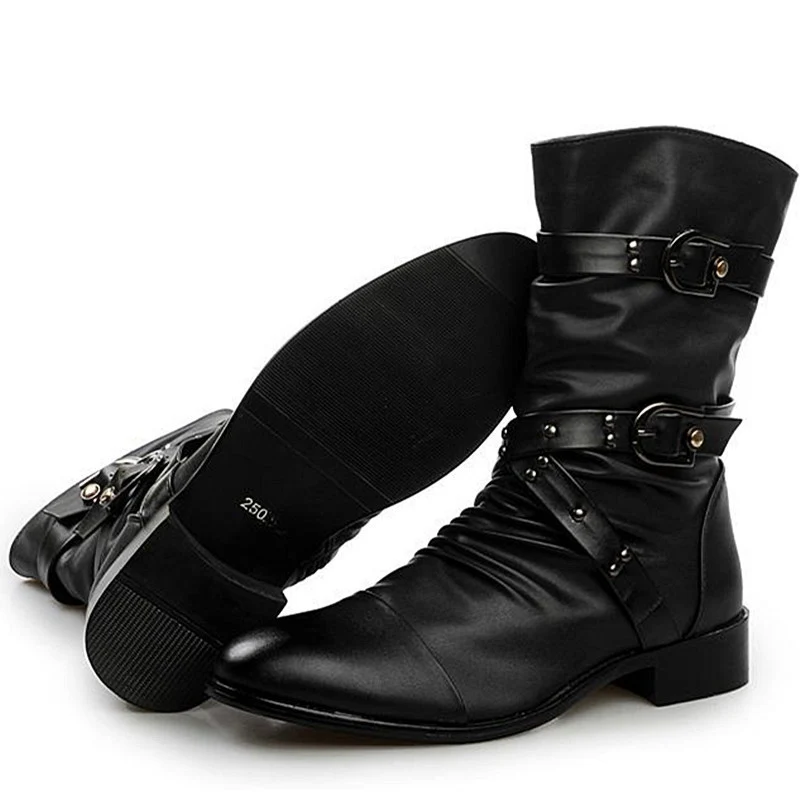 Men\'s Leather Boots High Quality Biker Boots Black Punk Rock Shoes Men\'s Women\'s Tall Boots Size 38--48