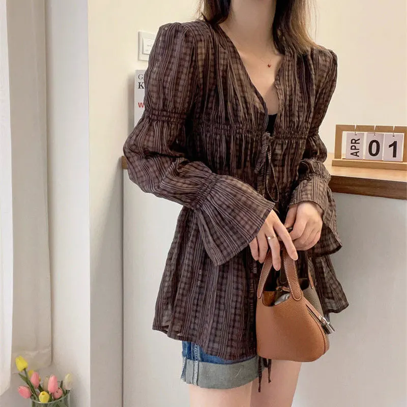 Commute Plaid Ruffles V-Neck Blouse Female Clothing Fashion Folds Spliced Drawstring Spring Summer Long Sleeve Waist Slim Shirt