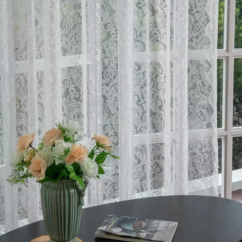 

1PC Embroidery White Lace Tulle Curtains for Living Room Bedroom Bead Wave Yarn Transparent Chiffon Balcony Guaze Window