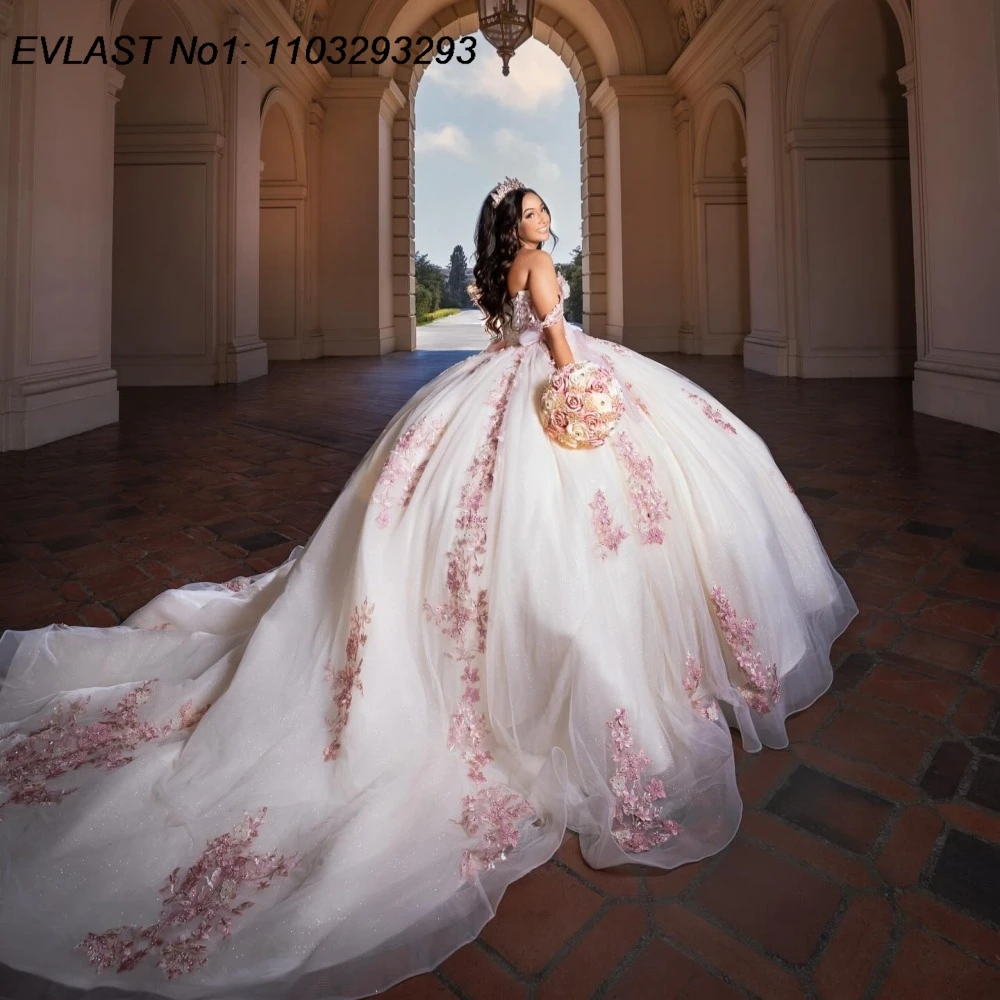 EVLAST Personalizado Glitter Marfim Quinceanera Vestido de Baile Rosa Floral Applique Beading Doce 16 Vestidos De 15 Anos E1QN652