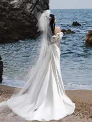 Abito da sposa di fascia alta a coda di pesce francese, abito da sera di benvenuto con fiori di velo di fidanzamento super fata di nicchia