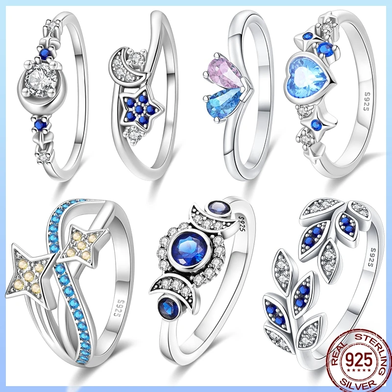 

Женское кольцо с синим цирконом, 100% серебро 925, блестящая звезда и луна, свадебное романтическое изысканное ювелирное изделие, подарок