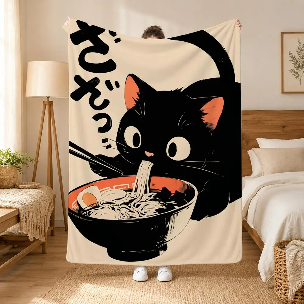 Retro Cute Black Cat Throw Cozy Summer Nap Flannel Blanket Soft Throw for Office, Couch, Travel & Bed