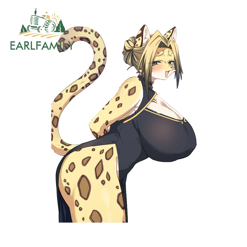 EARLFAMILY 13cm x 9.6cm Furry Leopard Print Stickers Waifu Breasts NSFW Boobs Tattoos Car Accessories Personality Decals