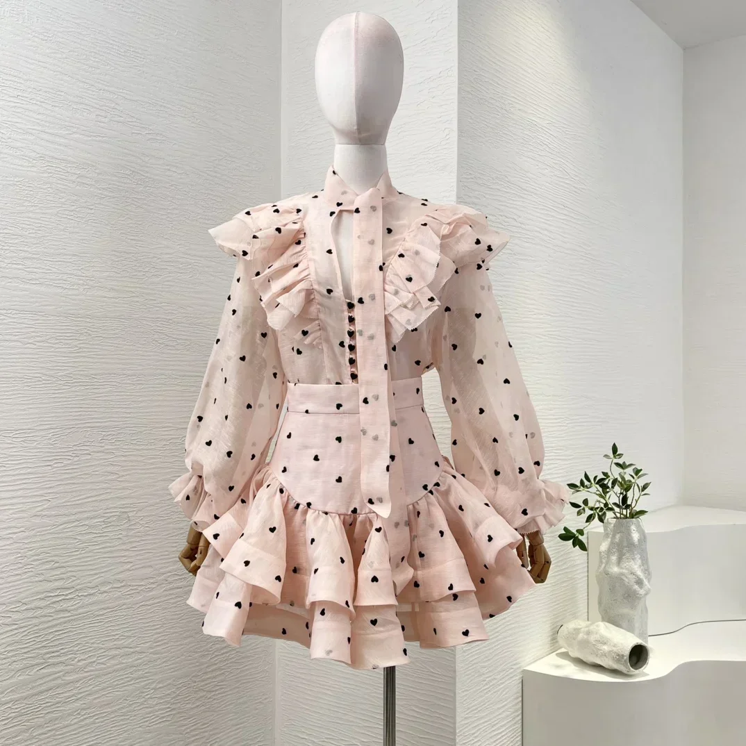 Linen Silk 2025 New Pink Series Heart-shaped Black Polka Dots Print Ruffles Lantern Sleeve Bow Blouse and Mini Cake Skirt Set