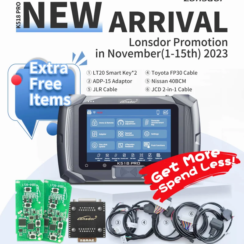 Latest Lonsdor K518 PRO Full Version Key Programmer with 2pcs LT20 Toyota FP30 Cable Nissan 40 BCM Cable JCD JLR and ADP Adapter