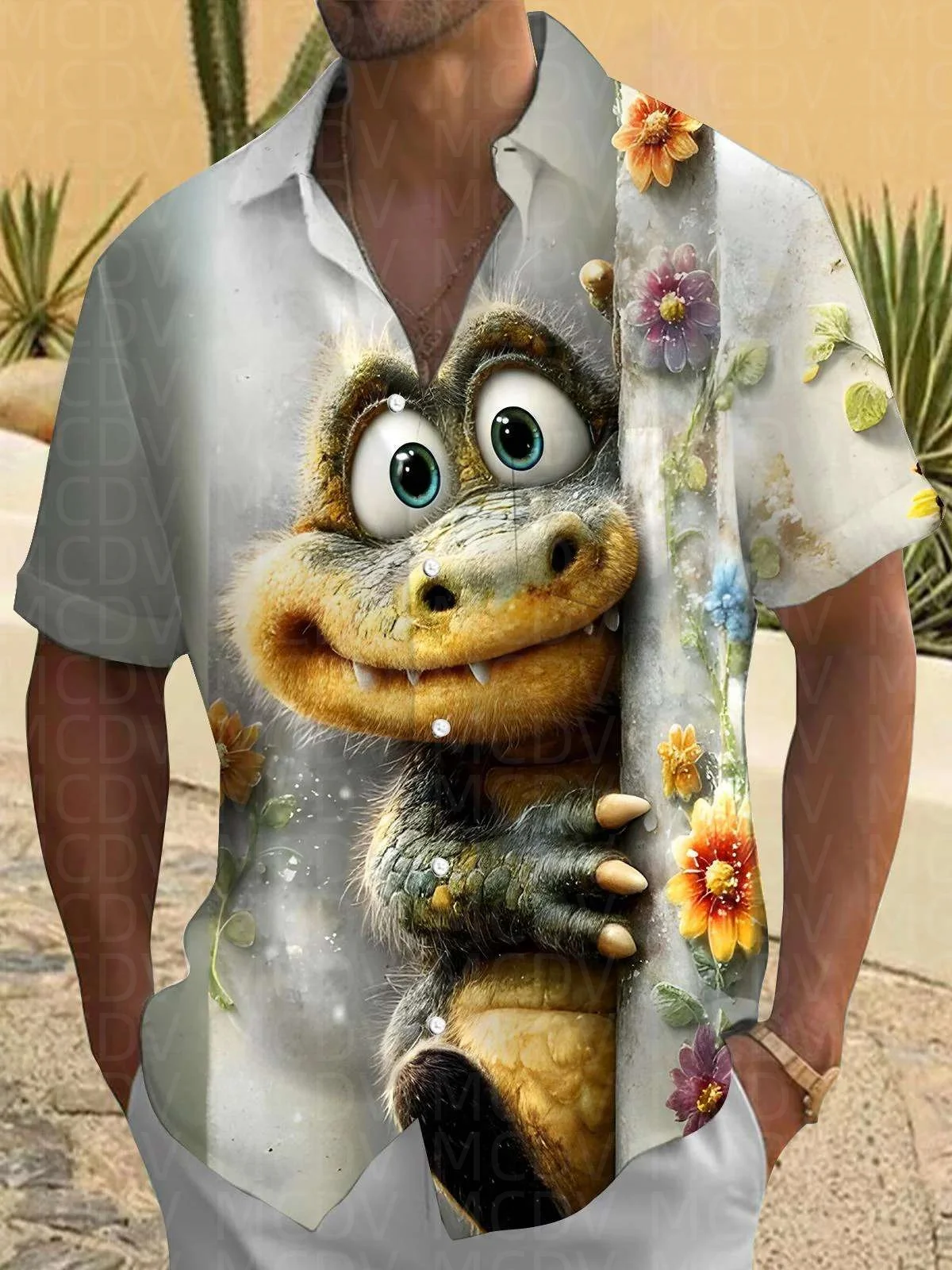 Cute Alligator Pattern Men's Hawaiian Shirt Stretch Easy Care Camp Shirt Big Tall