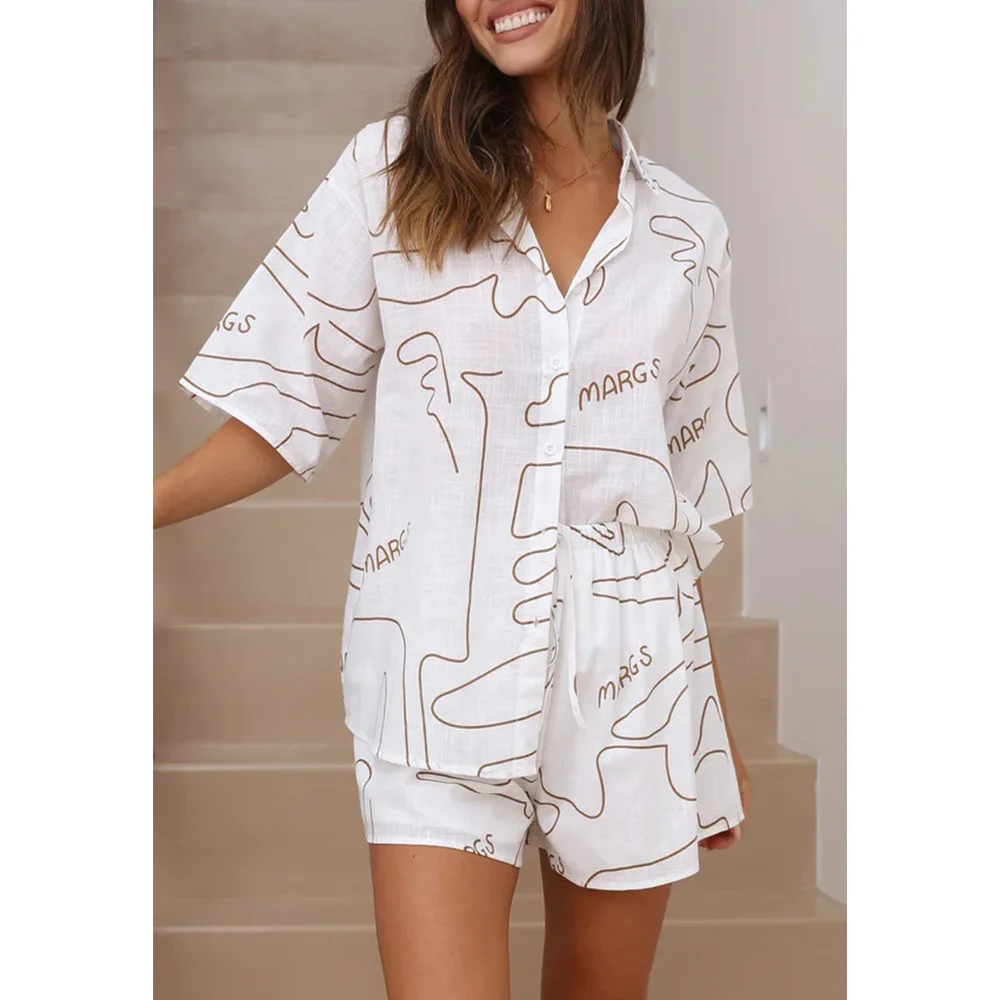 Short Sleeved Shirt Shorts For Women 2024 Summer Casual Letter Abstract Line Print Two-Piece Set